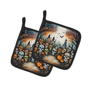 Calaveras Sugar Skulls Spooky Halloween Pair of Pot Holders Kitchen Heat Resistant Pot Holders Sets Oven Hot Pads for Cooking Baking BBQ
