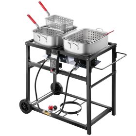 VEVOR Outdoor Propane Deep Fryer, Dual-Tank 18QTx2 Commercial Fryer, Multi-Purpose Portable Frying Cart with Wheel, 3 Basket, 2 Thermometer